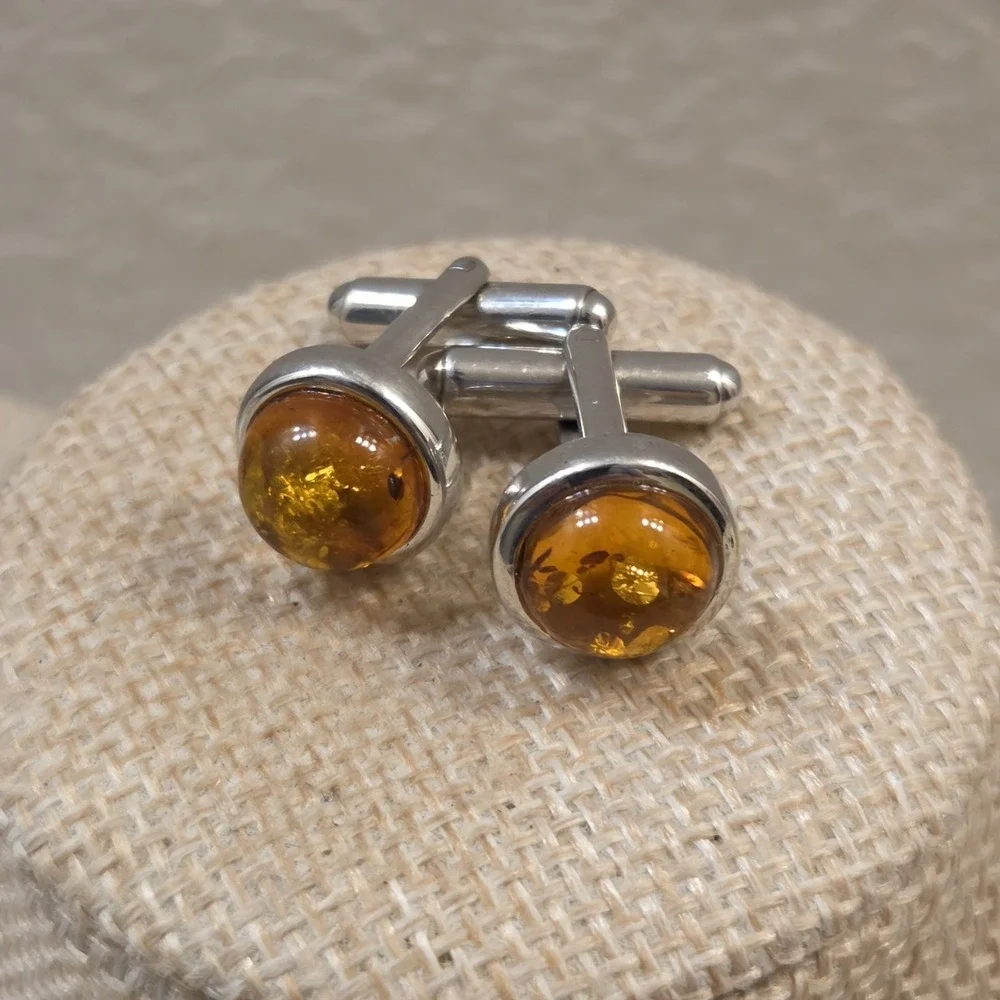 Retro Sterling Silver & Baltic Amber Cufflinks‎ 925